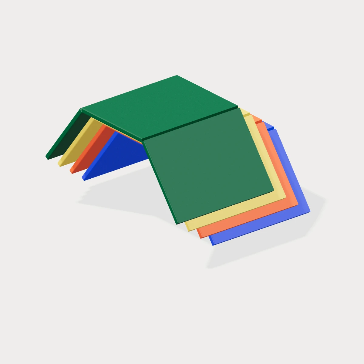 Four folded surfaces in blue, vermilion, yellow and green, assembled into one open architectural form.